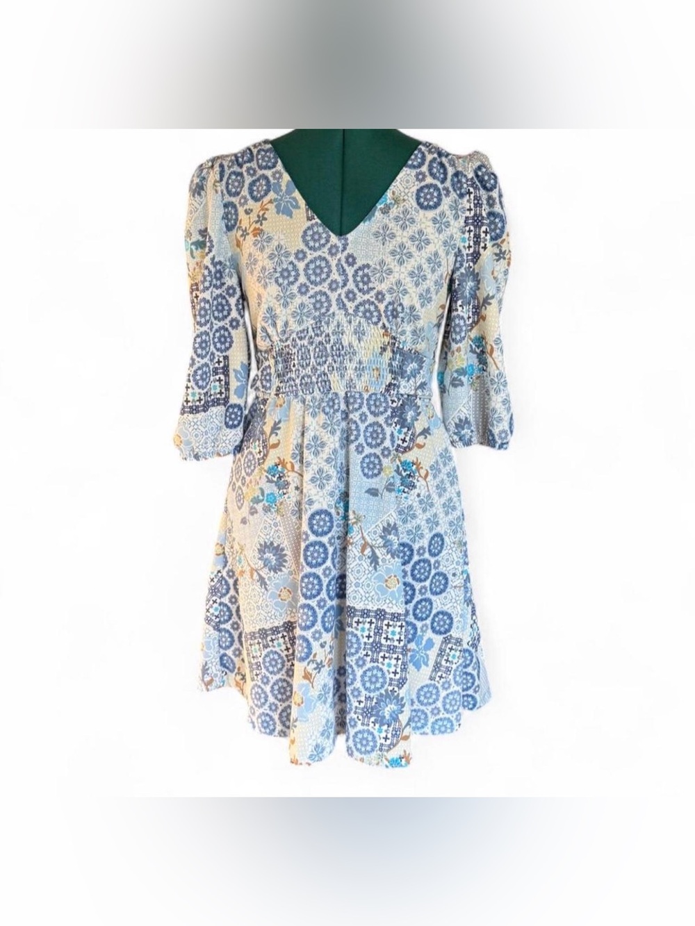 Absolutely Famous Light Blue and Cream Floral Patchwork Mini Dress